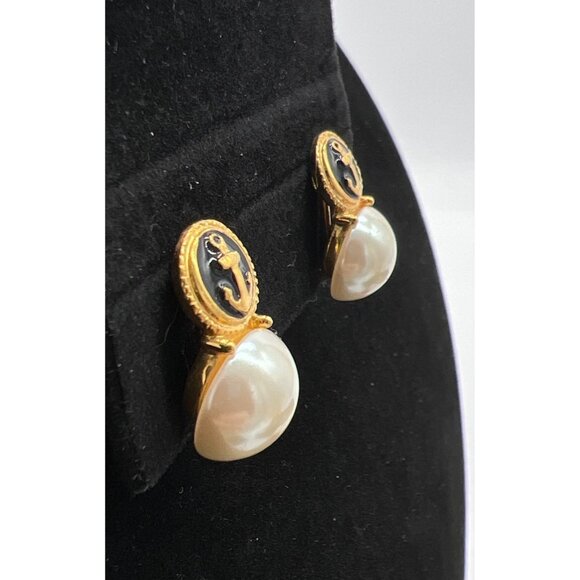 Vintage Marvella Gold-Tone Anchor Clip-On Earrings With Faux Pearl Accents - Picture 4 of 7